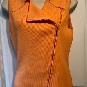 Vintage Cache Vibrant Ribbed Orange Sleeveless Asymmetrical Zip Knit Top
